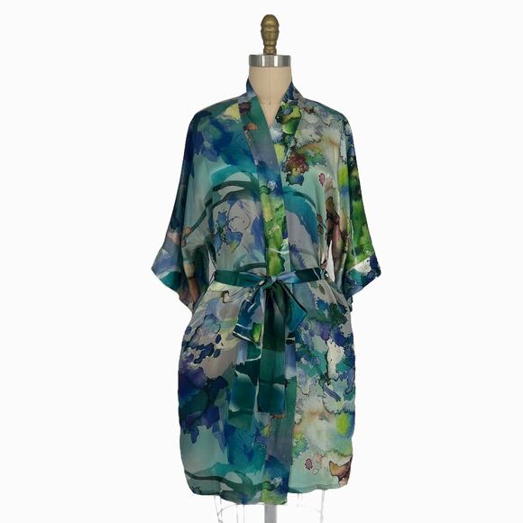 Christine Vancouver Lingerie Silk Short Robe Blue Watercolor size Small - Picture 12 of 12